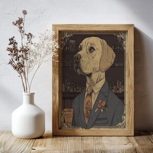 Dog Bartender Dapper Portrait, Vintage Retro Labrador Dog Wall Art- Cocktail